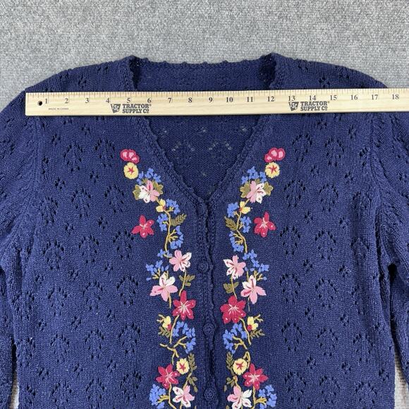 Navy Blue Knit Floral Cardigan Button Down Size Medium Boho Flowers - Picture 9 of 9